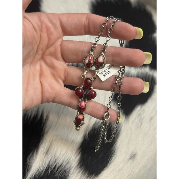 Native American Sterling Silver Multistone Red Rose Dahlia Lariat Necklace 18” - Picture 1 of 11